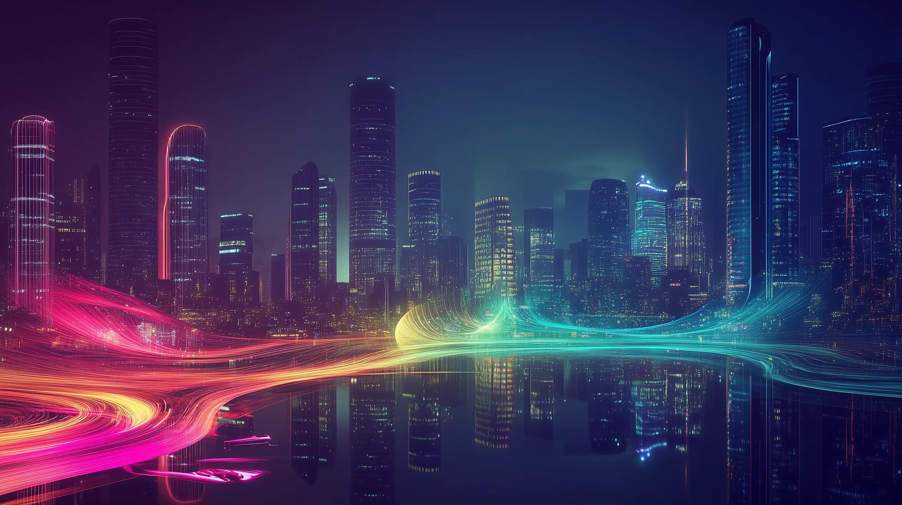 Cidade futurística representando a comunidade Dev na Gringa